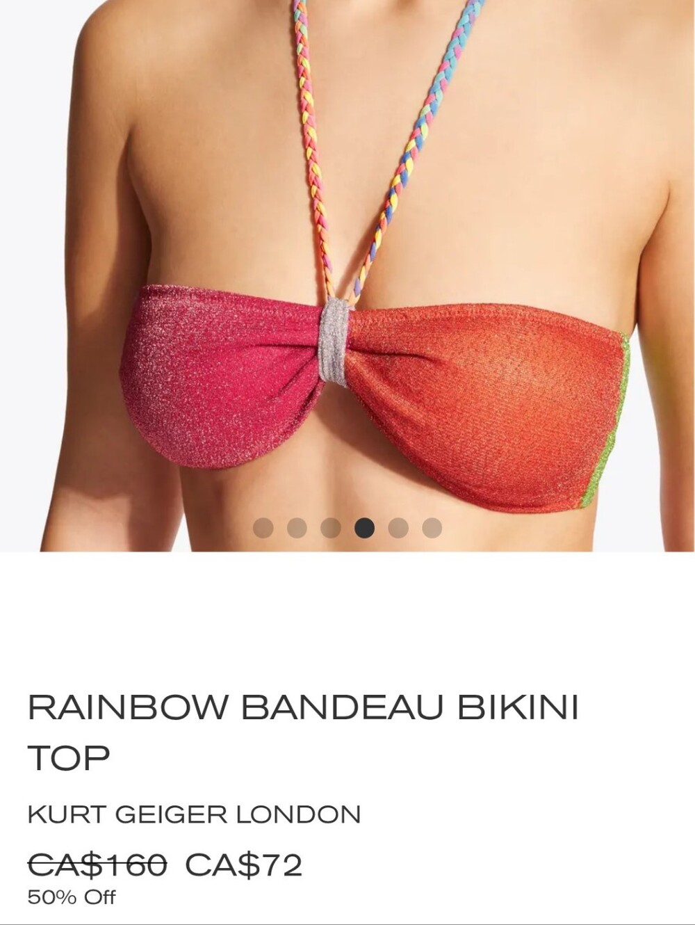 Kurt Geiger London Rainbow Metallic Bandeau Bikini Top Small NWT
